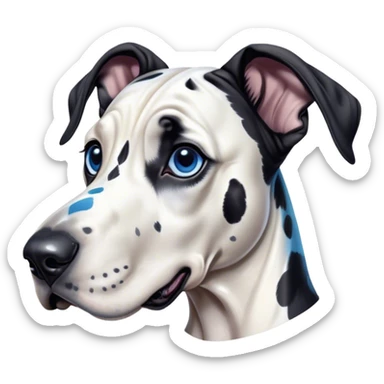 Cinematic Cute Harlequin Great Dane Portrait Emoji, Head tilted playfully and inquisitively, featuring a glossy coat of predominantly white with dynamic black patches, round, sparkling blue eyes filled with gentle curiosity, Simplified yet irresistibly adorable features, highly detailed, glowing with a warm, friendly glow, high shine, affectionate and gentle, stylized with a touch of whimsy, bright and endearing, soft glowing outline, capturing the essence of a mischievous yet loving pup, so playful it feels like it could lumber out of the screen and into your arms! sticker