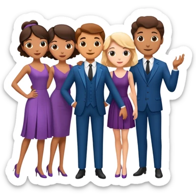 A theater set containing three couples, a suit and dress pair, a philosophy professor and dance teacher, and a young French couple, bufo model sticker