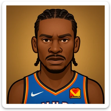 Make the Shai Gilgeous-Alexander emoji look more mature and confident, emphasizing his signature braids, serious expression, and strong presence. Keep the Oklahoma City Thunder jersey and add a cool, confident aura. The style should maintain the original emoji look but with these enhancements. sticker