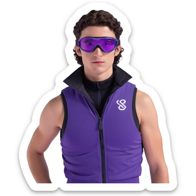 close-up of male athlete with white skin and moderately curly dark brown hair on top with shaved sides, wearing ski goggles with purple frames and very dark black lenses, a simple plain black chain necklace, and a completely unzipped sleeveless vest with purple and black sequin fire pattern design with no logo, with an arrogant smug smirk on his face, looking confident and cocky sticker