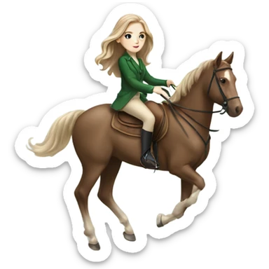 Girl high end clothes green eyes riding a horse pale skin brown hair sticker