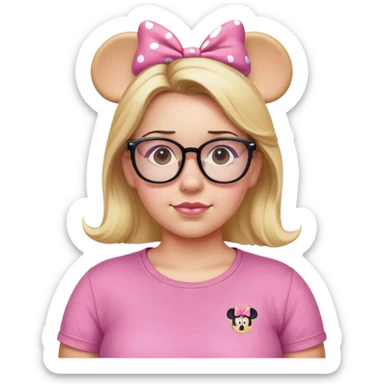 Thick Woman pink T-shirt Hazel eyes glasses blonde hair Minnie mouse ears sticker