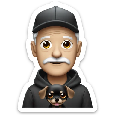 Old man with blue eyes goatee beard ball cap holding cute black long fur Chihuahua sticker