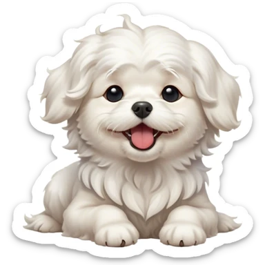 Cinematic Cute Yawning Wavy-Haired Maltese dog Portrait Emoji, Head tilted slightly with a dramatic, wide-open yawn, showcasing a lustrous, wavy-haired white coat with gentle highlights, floppy ears slightly drooping, round dark eyes barely open in drowsy contentment, Simplified yet irresistibly adorable features, highly detailed, glowing with a soft, cozy glow, high shine, relaxed yet expressive, stylized with a touch of whimsy, bright and endearing, soft glowing outline, capturing the essence of a sleepy yet affectionate companion, so drowsy it feels like it could stretch right out of the screen and curl up for a nap! sticker