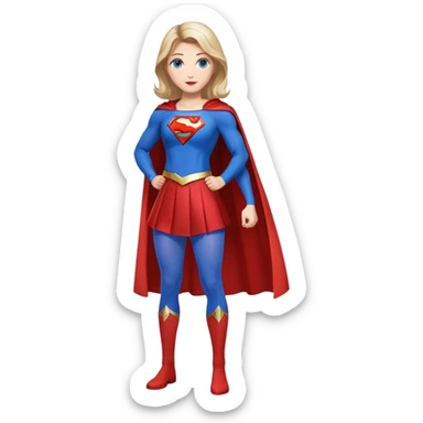 Supergirl superhero full body, blue tights with red skirt, red cape and S emblem on chest sticker