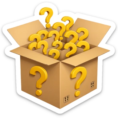  box printed with q&a over stuffed with yellow question marks sticker