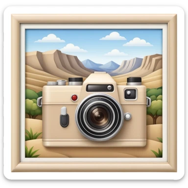 A beige camera and next to it a landscape photograph of the frame behind the camera sticker