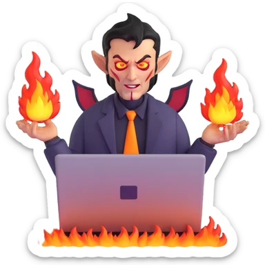 sinister demon salesman with laptop and fire effects sticker