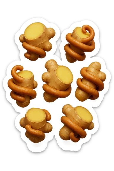 emoji stile iphone 3d di 6 piccoli pezzi di zenzero che fluttuano in aria con pezzi di colon arrotolati intorno, iperrealistico 4k sticker