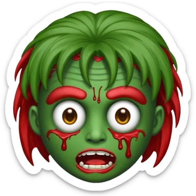 emoji de zumbi estilo WhatsApp, cabeça verde, cabelo cacheado vermelho volumoso, olhos brancos brilhando, expressão divertida e assustadora, cartoon, linhas limpas, fundo transparente, qualidade alta sticker