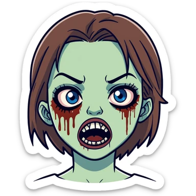 make a zombie girl with brown hair and blue eyes with her mouth open and on the left side of her face have a big cut and straight hair and lashes sticker