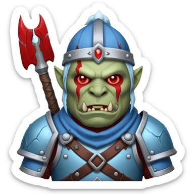 Fantasy Christmas orc legion soldier icon, iron tundra army theme, heavy winter armor, disciplined brutal look, cold steel armor cracked with frozen crimson lines, bloodfrost effect, icy blue and dark red color palette, minimal clean emoji style sticker