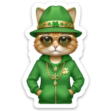 female cat in hip-hop Run DMC outfit, green tracksuit, fedora with shamrock, dark sunglasses, gold chains, bling accessories, St. Patrick's Day theme sticker