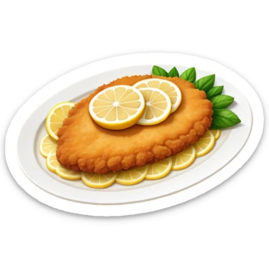 Cinematic Realistic Veal Schnitzel Dish Emoji, depicted as a golden, breaded veal cutlet served with lemon rendered with crisp textures and inviting, natural lighting. sticker
