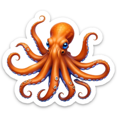 Cinematic Realistic Noble Octopus Portrait Emoji, Poised and majestic, with a sinuous, flowing body in vivid orange accented by intricately detailed blue rings, and intelligent, penetrating eyes that reflect ancient ocean lore; rendered with lifelike texture and natural iridescence, high shine, intelligent and formidable, styled with an aura of mystical marine power, focused and attentive, soft glowing outline, capturing the essence of a watchful and confident octopus that appears ready to glide out of the screen with timeless authority! sticker