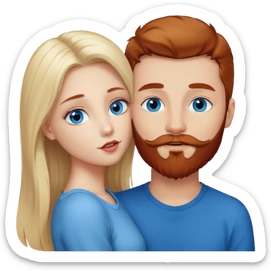 Long-pale-blonde hair, beautiful girl with blue eyes facing, kissing reddish-brown hair-beard boy blue eyed white guy sticker
