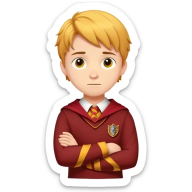 A teenage boy slightly to the side looking forward with crossed arms wearing the Gryffindor uniform sticker