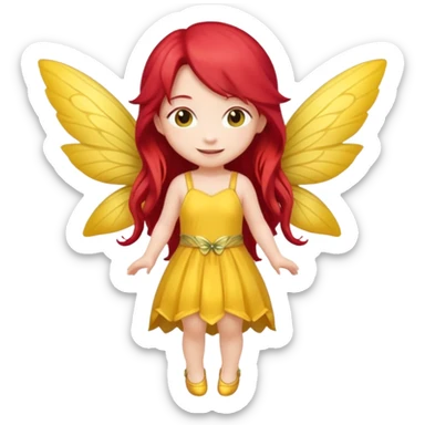 fairy with long red hair, yellow wings, yellow dress, happy, chibi full body sticker