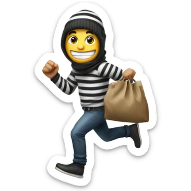 A robber looking left running with a bag full of money with money falling out, he also has a striped shirt with a striped beanie sticker
