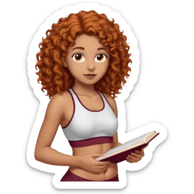 17 year old girl brown-orange wavy curly hair long to the belly, 159cm tall, brown eyes brown eyebrows, nose piercing ok left side, sporty body small waist, wears bordeaux and is studying sticker