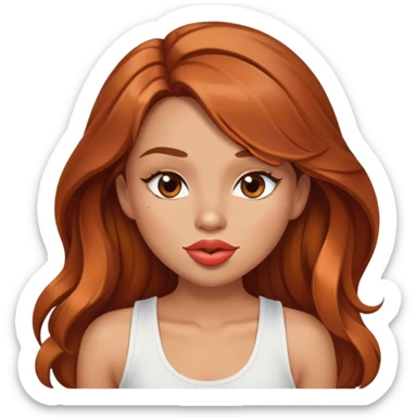 Girl with long brown copper hair, brow eyes, light tan skin, with a white fancy tank top-with pucker big lips, and winking sticker