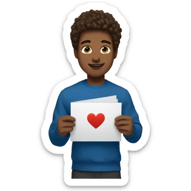 My boyfriend holding an I love you card, he's brunette with swooped hair and he's white and teenage with brown eyes and wearing a blue nike tech with medium doe eyes sticker