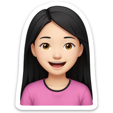 a girl genuinely feeling happy so so so much laughing so hard with her eyes folded long black hair asian girl on a pink shirt sticker