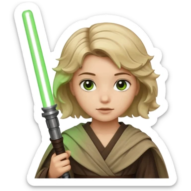 Young jedi with dark brown eyes and sandy blonde wavy short hair holding a green light saber.  sticker