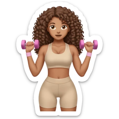 Create dream body girl with big glute and small waist and brown curly long hair with pastel beige gym clothes  sticker