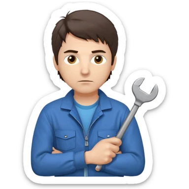 Calm and independent male technician, fair skin, short tousled dark brown hair, cool gray eyes, serious but composed expression, wearing a blue work jacket over a grey t-shirt, holding a wrench in one hand and a mechanical gear in the other, waist-up, front-facing sticker