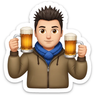 big slavic guy sitting in yoga pose, spiky short dark hair, holding beer mugs in two hands, winter dressed sticker