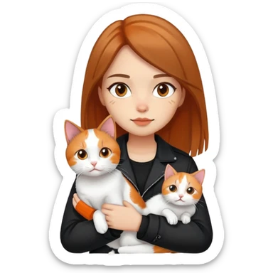 Light-skinned girl with brown straight hair wearing a black jacket, holding one pure white cat and one calico cat with orange black patches sticker