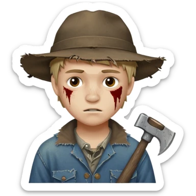 13 y/o Brian robeson at the beginning of Hatchet
distressed, has hatchet, small scratches(no bleeding type) on face, no blood on hatchet sticker