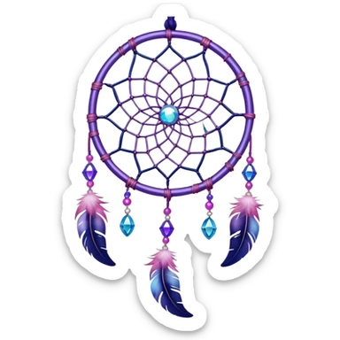 Iridescent shiny transparent pastel purple-pink-indigo-violet crescent Dreamcatcher-suncatcher hanging from a thread, with gemstones, and beads sticker