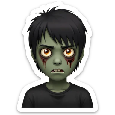 Boy, zombie, black hair, medium long, emo, shaggy, dark, spooky, creepy expression, fringe approximately to the eyebrows height, with Black t-shirt  sticker