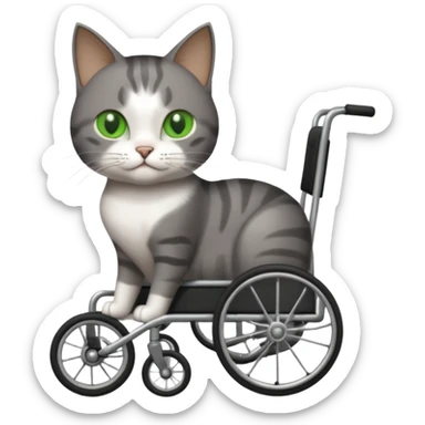 full body small short hair dark grey and white cat with green eyes walking in a wheelchair for cats sticker