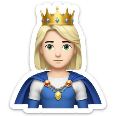 Prince with crown, blue cape and trousers, body and legs, black hair, blue eyes, woman blonde hair, green eyes, sexy white short sleveless dress,  sticker