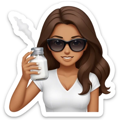 sassy woman with long brown hair, tan skin, and dark sunglasses holding a salt shaker filled with white table salt. She is shaking and sprinkling the salt. She is smirking.  sticker