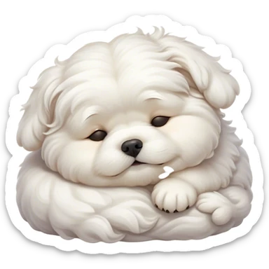 Cinematic Chubby Sleeping Wavy-Haired Maltese dog Portrait Emoji, Chubby and serene, with a round, adorable build and a soft, wavy-haired white coat, eyes gently closed in peaceful slumber, Simplified yet irresistibly endearing features, highly detailed, glowing with a gentle, dreamy glow, high shine, relaxed and content, stylized with a touch of whimsy, bright and heartwarming, soft glowing outline, capturing the essence of a blissfully sleepy companion, so comically serene it feels like it could roll out of the screen and snore with adorable charm! sticker