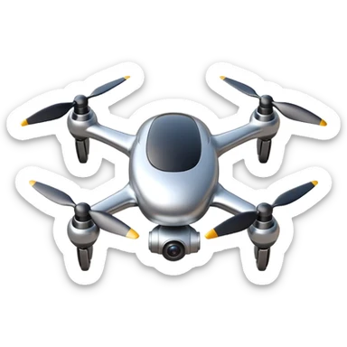 A futuristic drone emoji made of polished silver chrome, smooth rounded body, minimal propellers, reflective metallic surface, soft studio lighting, iOS emoji style, centered, clean white background sticker