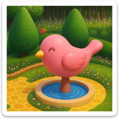 Create a small yard with a fountain featuring a large pink bird sculpture in a style inspired by the 3D emoji style shown in the reference image. Focus on capturing the playful and rounded characteristics of 3D emoji style while adapting it to the scene described. sticker