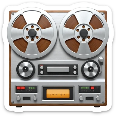 3D render of Reel-to-Reel, vintage 1980s audio equipment aesthetic, tactile analog buttons, silver metallic face with two large brown magnetic tape wheels, mixed wood grain and brushed aluminum textures, Apple emoji style, isolated on white background --v 6.0 sticker
