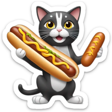 A cat who has a hot dog in his hand and the hot dog shoots sausages  sticker