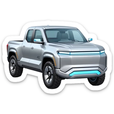 A futuristic electric pickup truck emoji, silver chrome body, angular cyber design, smooth metallic panels, subtle reflections, minimalistic proportions, iOS emoji style, centered composition, clean white background, soft lighting sticker