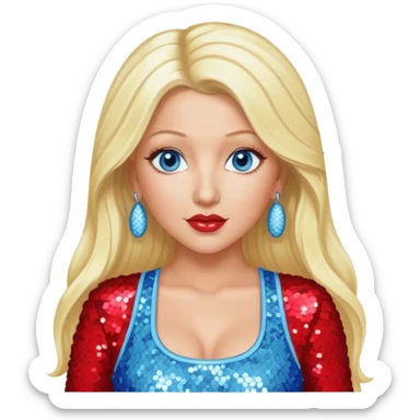 Christina Aguilera with blue eyes, long blonde hair, light blue sequin crop top, red sequin pants sticker