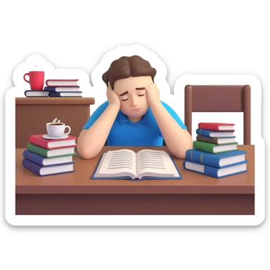 emoji of a slumped-over student at a desk, head resting on arms, with a coffee cup and open books, looking completely worn out from exams sticker