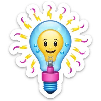 happy lightbulb emoji with a spinning atom inside, floating chemical bubbles, and a small lightning bolt on top, vibrant colors yellow, neon blue, bright pink, conveying energy, creativity, and fun science sticker