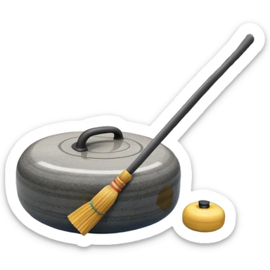 An icon showing a detailed close-up of a curling stone sliding across the ice, with a broom in motion beside it. The background features an indoor stadium with cheering spectators on the stands. Transparent background captures the strategy and focus of curling. sticker