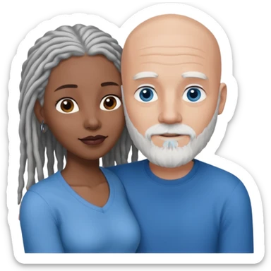 Tall bald white man with a white beard and blue eyes in a lovingly embrace with a black woman with brown eyes and grey hair dreads sticker