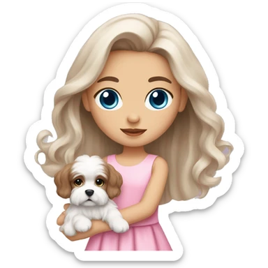 Brown long hair blue eyes girl with maltese puppy with pink dress sticker